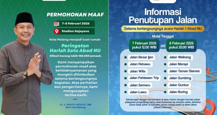 Penutupan Jalan di Kota Malang Jelang Harlah NU, Ini Daftar Rutenya