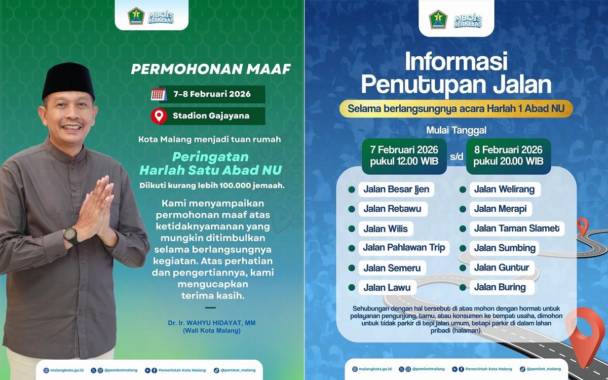 Penutupan Jalan di Kota Malang Jelang Harlah NU, Ini Daftar Rutenya