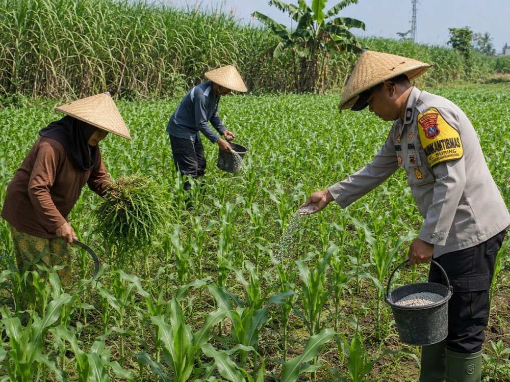 Dukung Ketahanan Pangan, Bhabinkamtibmas Polresta Malang Kota Dampingi Petani Jagung di Buring