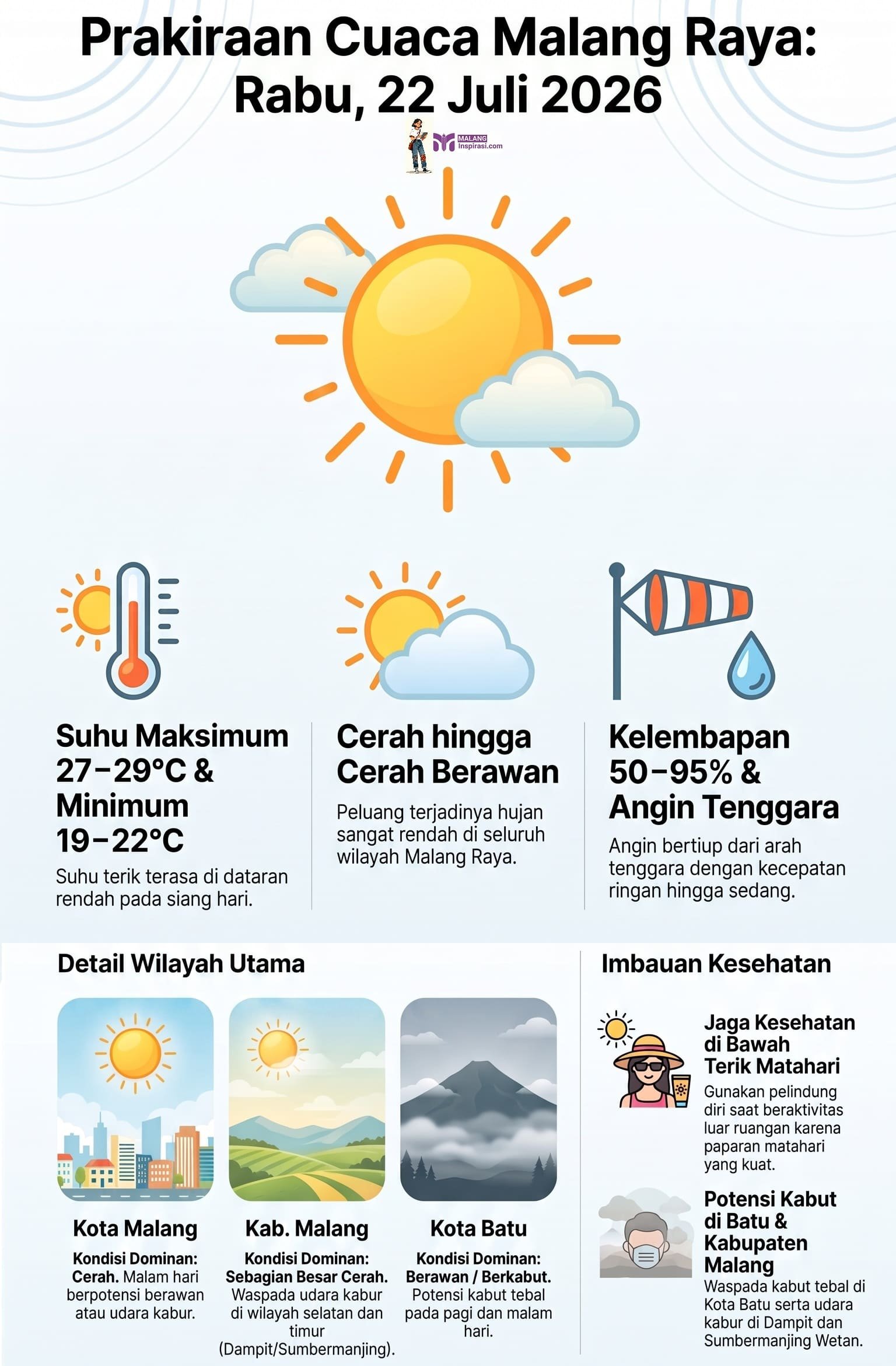 Cuaca Malang Raya Hari Ini, 22 Juli 2026: Cerah Berawan, Suhu Siang Terik hingga 28°C