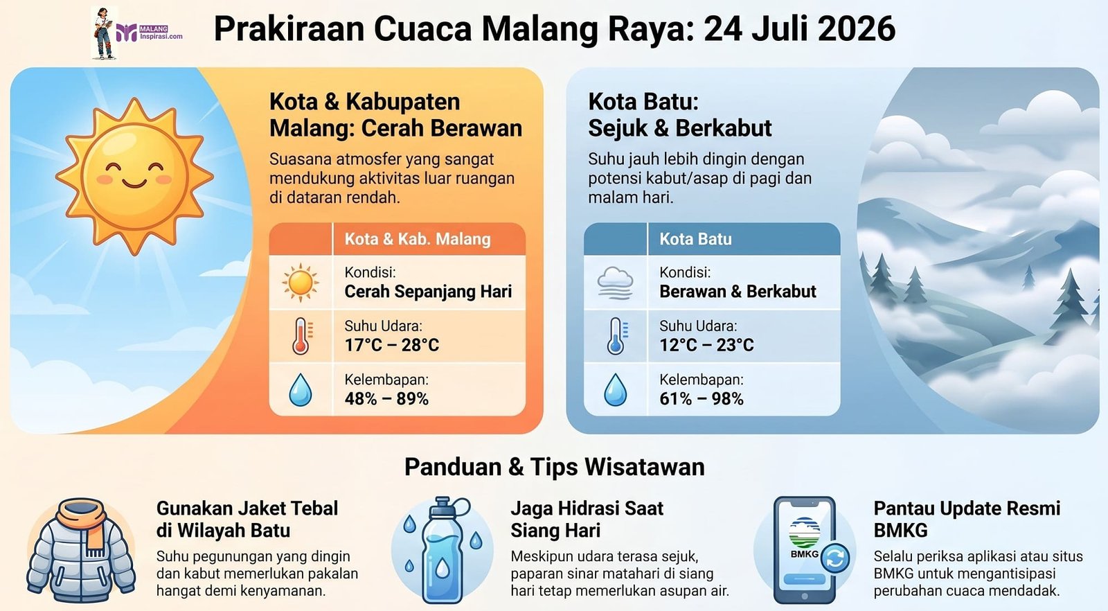 Cuaca Malang Raya Hari Ini, 24 Juli 2026: Cerah Sepanjang Hari, Suhu Sejuk dengan Kelembapan Tinggi