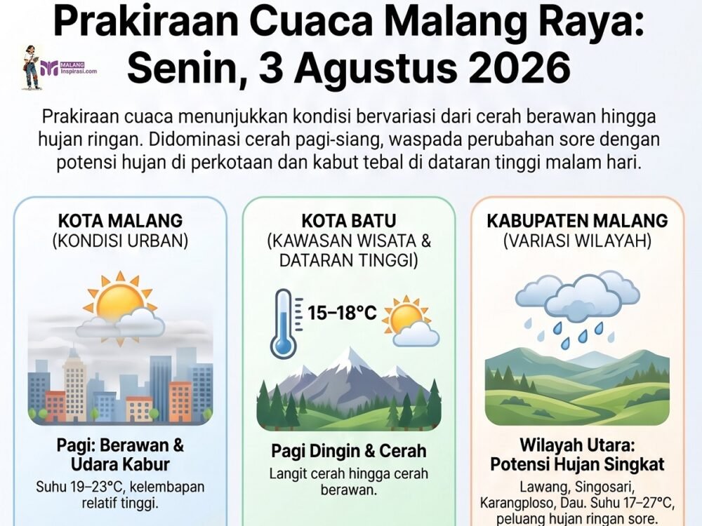 479-Prakiraan cuaca Malang 3 Agustus 2026 Cuaca Malang Raya Hari Ini, 3 Agustus 2026: Cerah Berawan, Potensi Hujan Ringan di Sejumlah Titik Sore Hari
