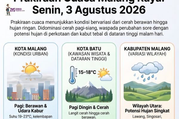 Cuaca Malang Raya Hari Ini, 3 Agustus 2026: Cerah Berawan, Potensi Hujan Ringan di Sejumlah Titik Sore Hari