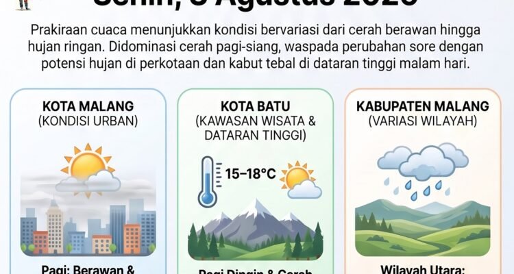 Cuaca Malang Raya Hari Ini, 3 Agustus 2026: Cerah Berawan, Potensi Hujan Ringan di Sejumlah Titik Sore Hari