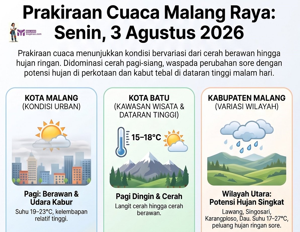 479-Prakiraan cuaca Malang 3 Agustus 2026 Cuaca Malang Raya Hari Ini, 3 Agustus 2026: Cerah Berawan, Potensi Hujan Ringan di Sejumlah Titik Sore Hari